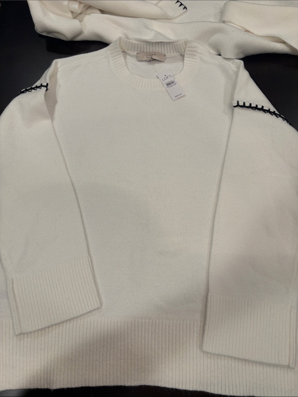 LOFT Cream Crewneck Sweater with Black Shoulder Stitching with removable scarf